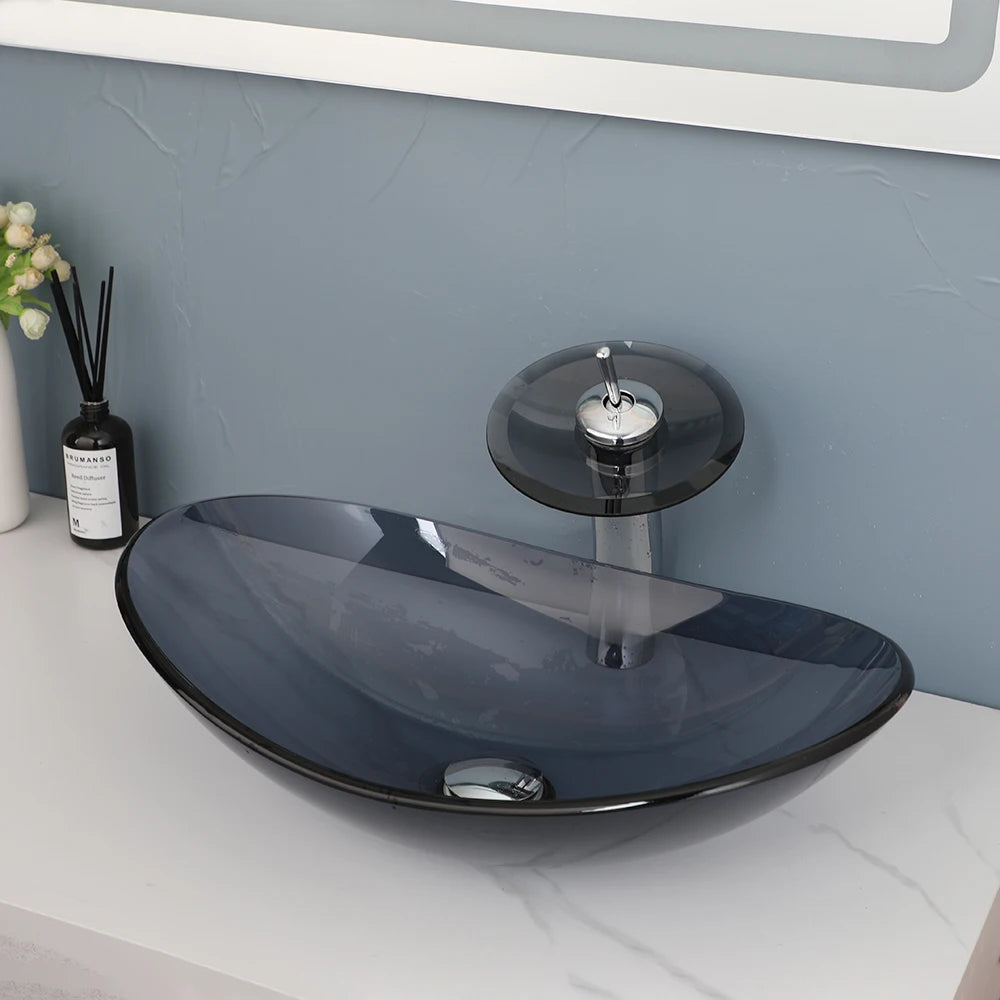 MEKKHALA Oval Glass Vessel Sink With Waterfall Faucet - Home and Haven Store