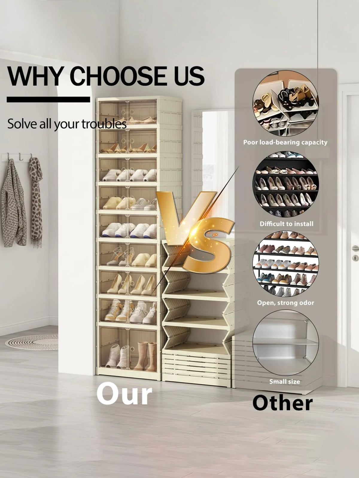 Foldable Plastic Shoe Cabinet With Doors And Rolling Wheels