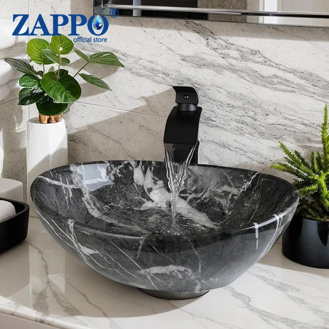 Mekkhala Ceramic Vessel Bathroom Sink With Waterfall Faucet