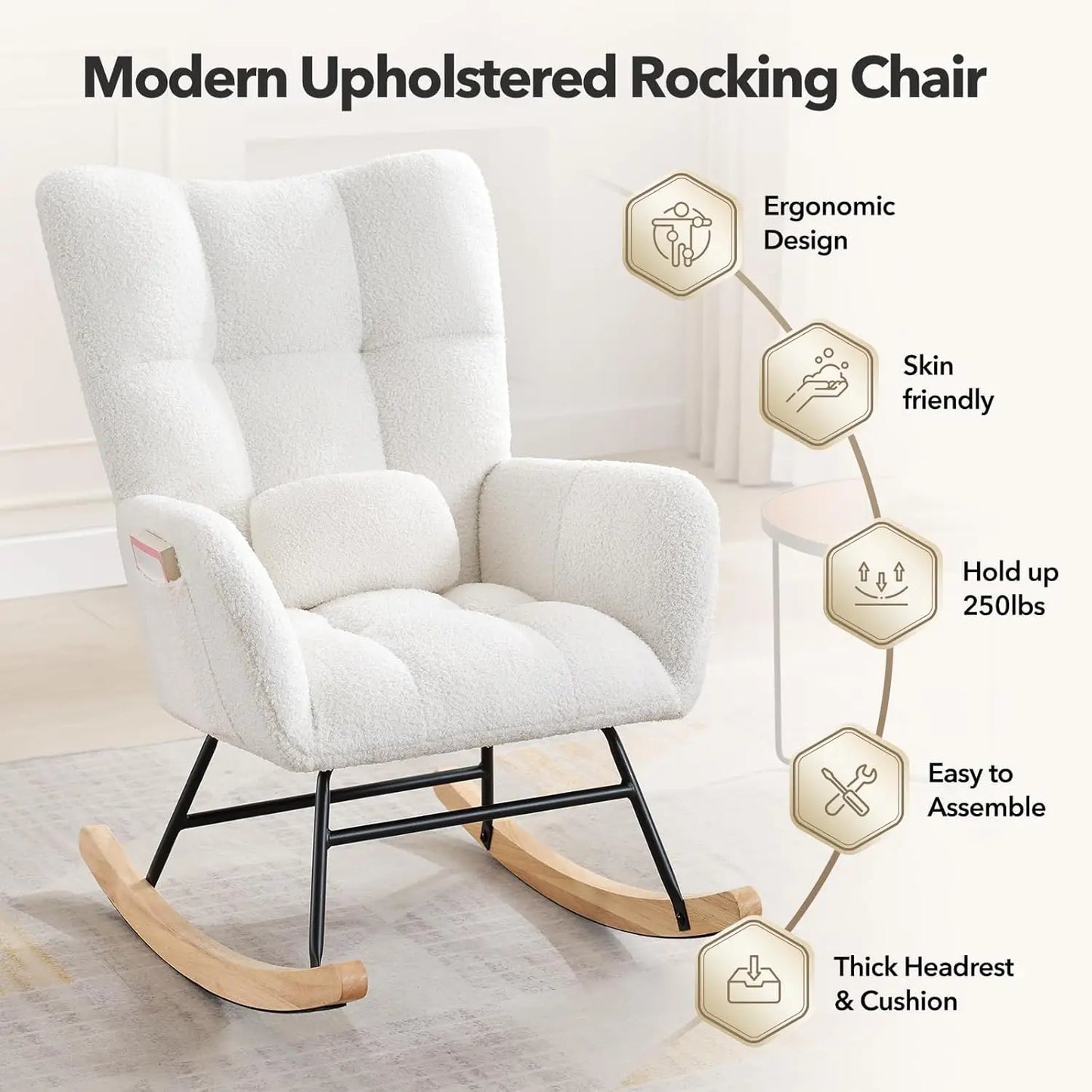 Studyset Modern Upholstered Nursery Rocking Chair With Side Pocket High Back - Home and Haven Store