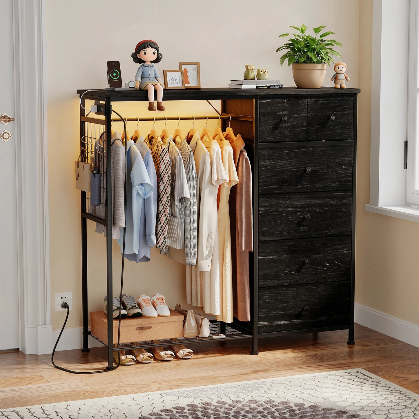 JHK 6 Drawer Dresser With Hanging Rack And Charging Station