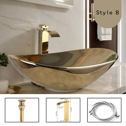 YANKSMART Gold Ceramic Luxury Vessel Sink Set Brass Faucet - Home and Haven Store
