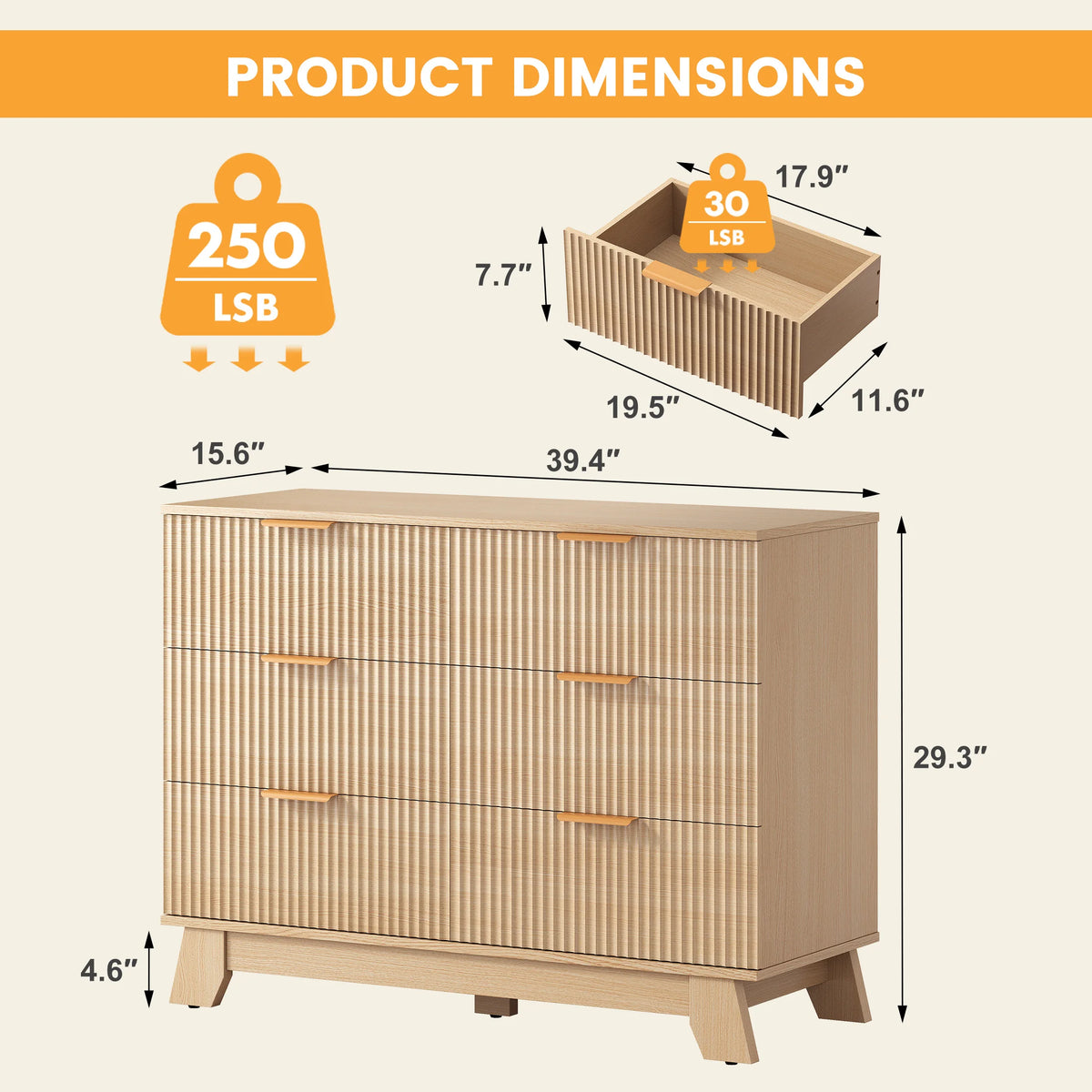 JHK Modern Fluted Wooden Six Drawer Dresser With Gold Handles