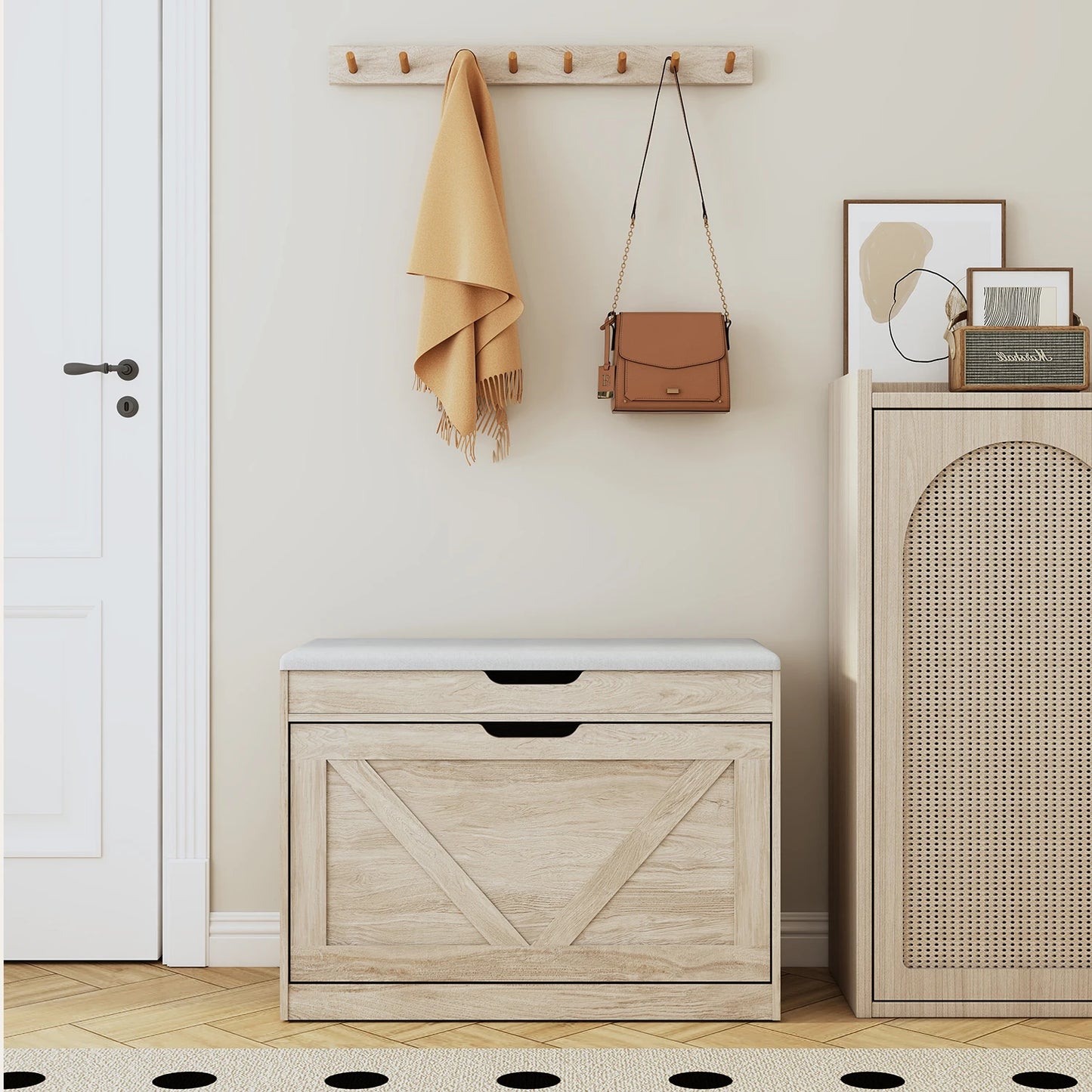 Huisenitre Wooden Storage Bench With Flip Drawers And Adjustable Shelf