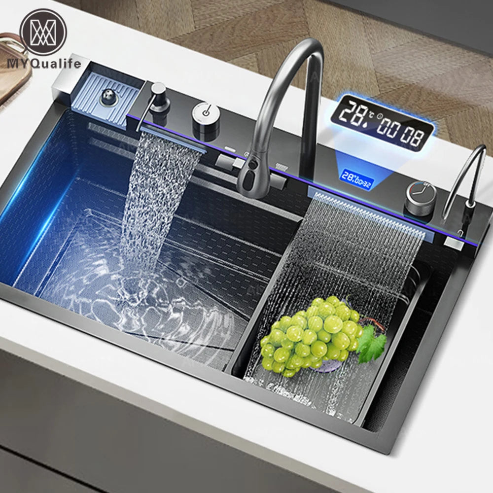MYQualife 304 Stainless Steel Waterfall Kitchen Sink With Digital Faucet Set