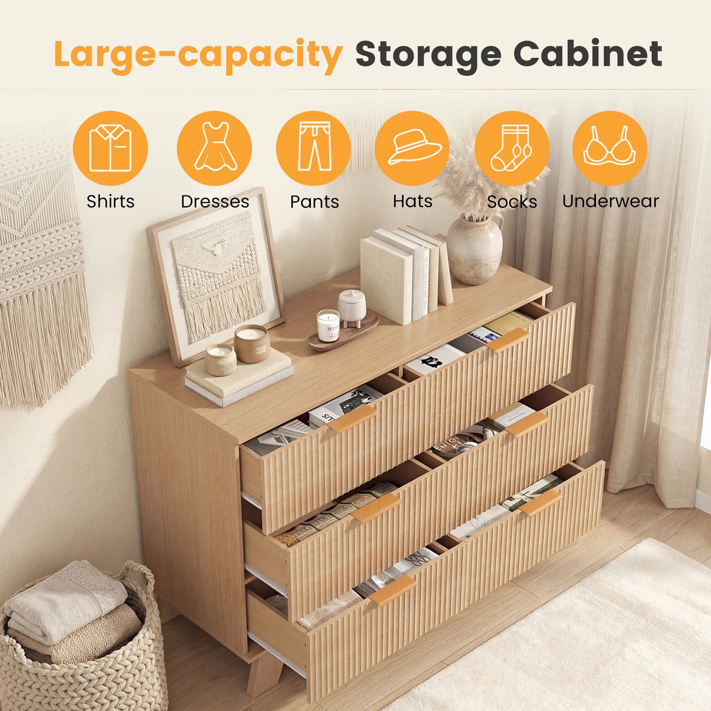 JHK Modern Fluted Wooden Six Drawer Dresser With Gold Handles