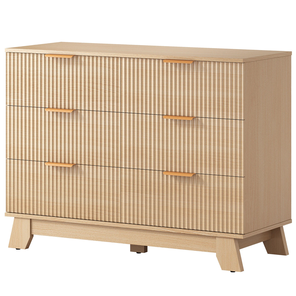 JHK Modern Fluted Wooden Six Drawer Dresser With Gold Handles