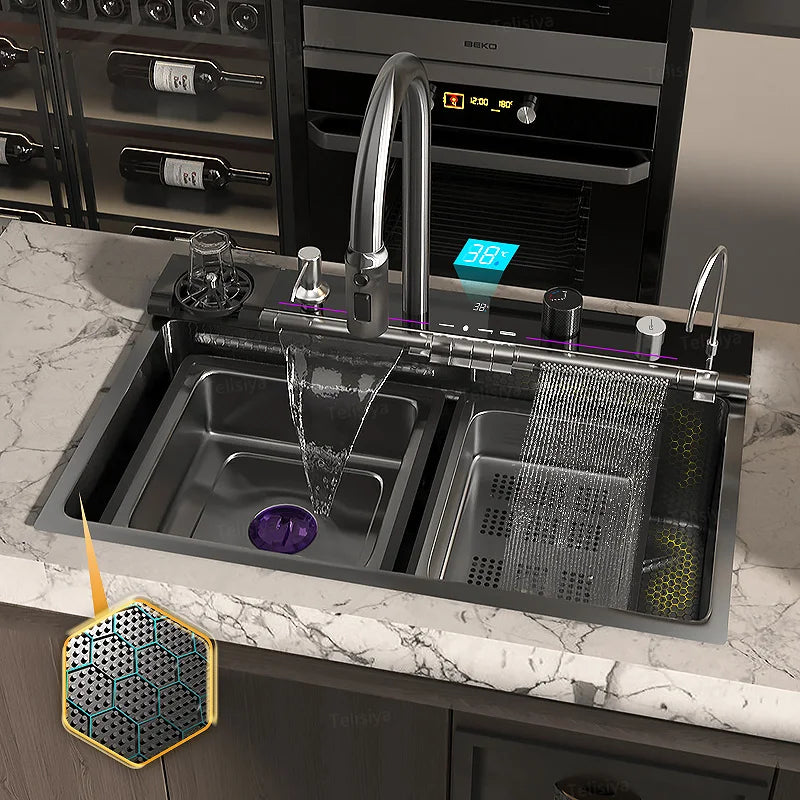 TELISIYA Waterfall Digital Display Stainless Steel Single Bowl Kitchen Sink