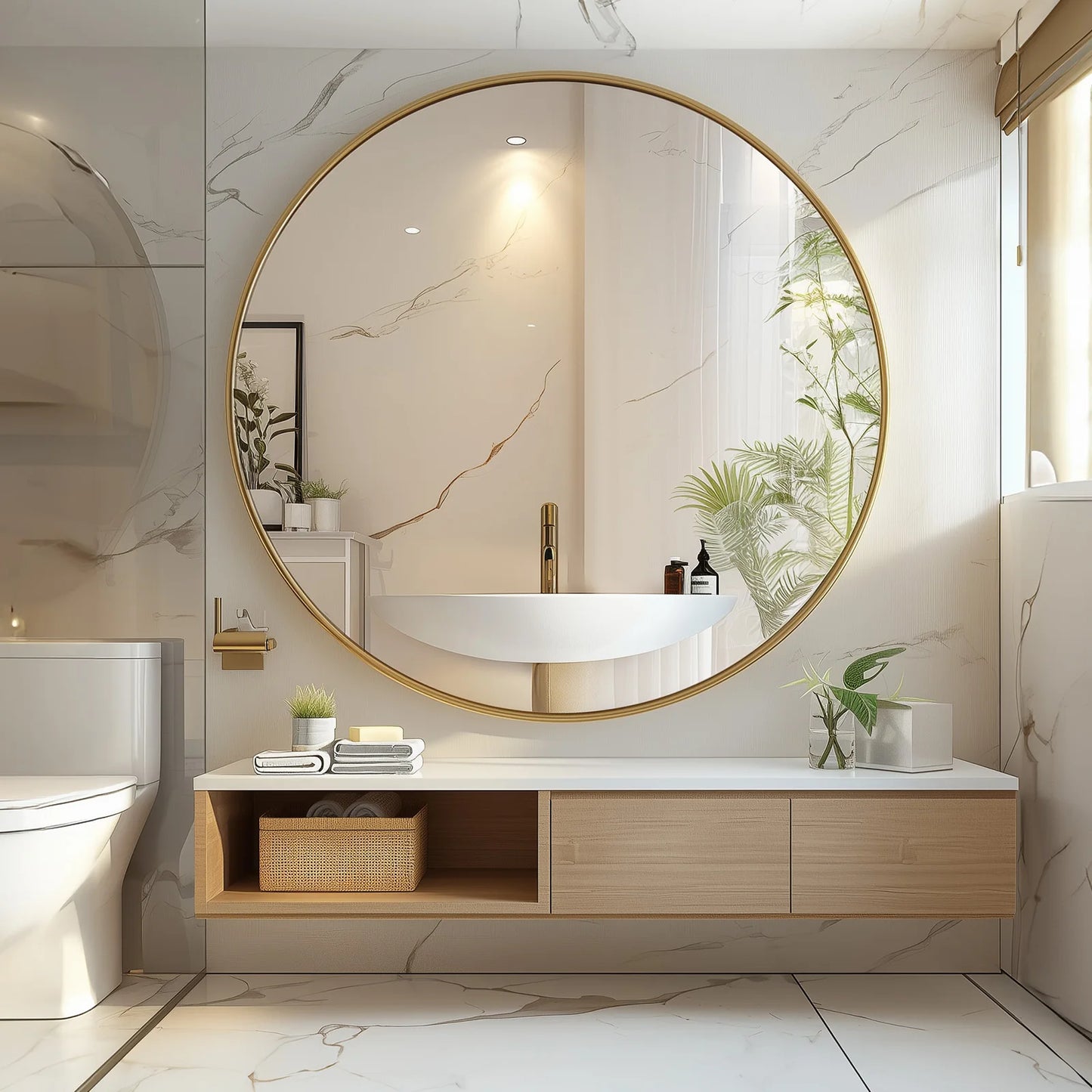 JHK Round Vanity Mirror With Matte Metal Frame Tempered Glass