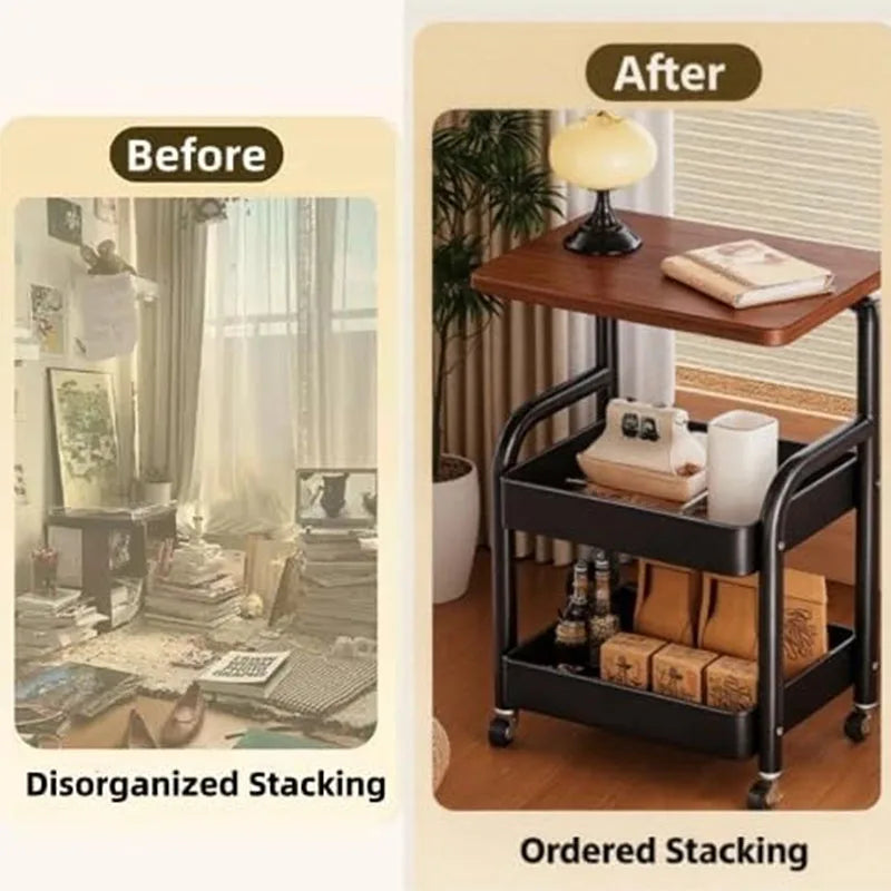 Three Tier Metal Rolling Storage Cart With Walnut Tabletop - Home and Haven Store