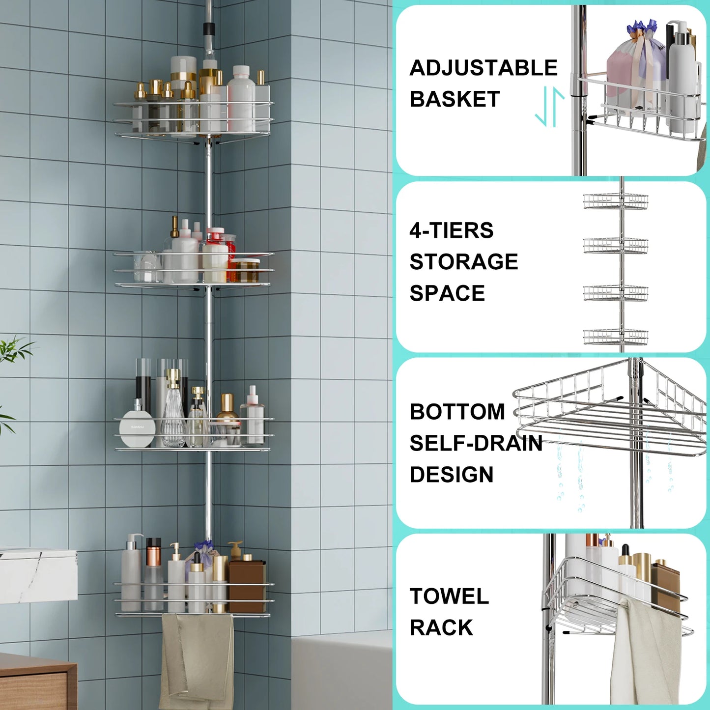 Adjustable Four Tier Corner Shower Caddy Rustproof Metal Bathroom Organizer