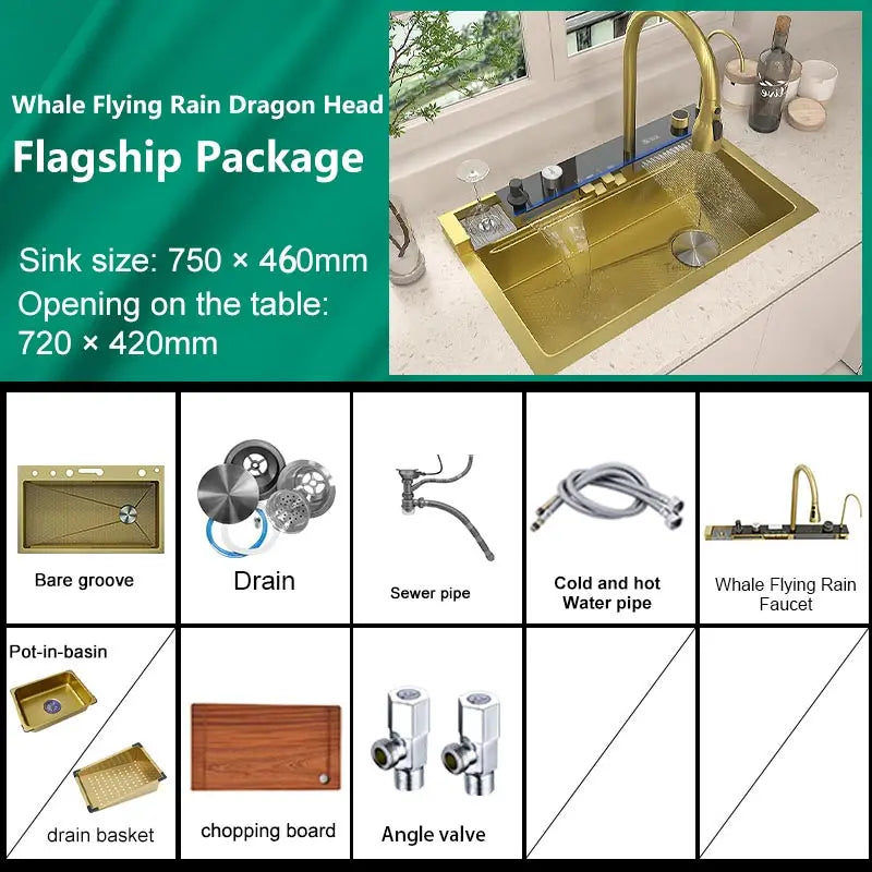 TELISIYA Waterfall Digital Display Stainless Steel Single Bowl Kitchen Sink