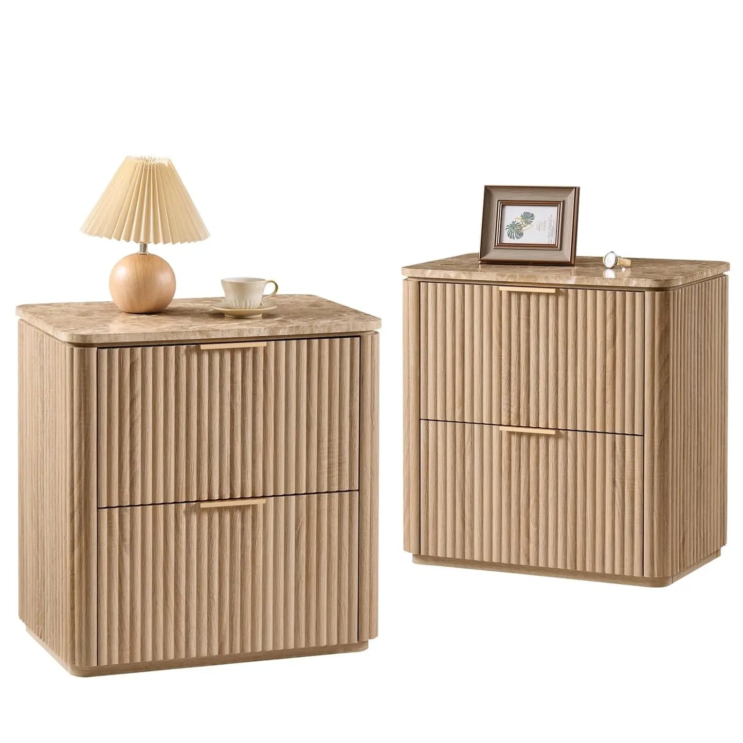 Fluted Nightstand Set Of 2 With Two Drawers And Curved