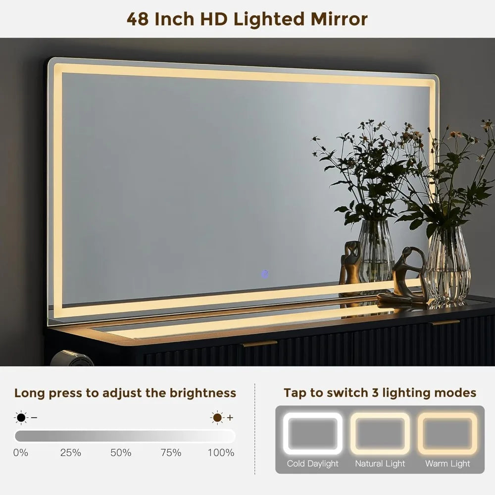 Guangbai Fluted Vanity Desk With LED Mirror And Eight Drawers