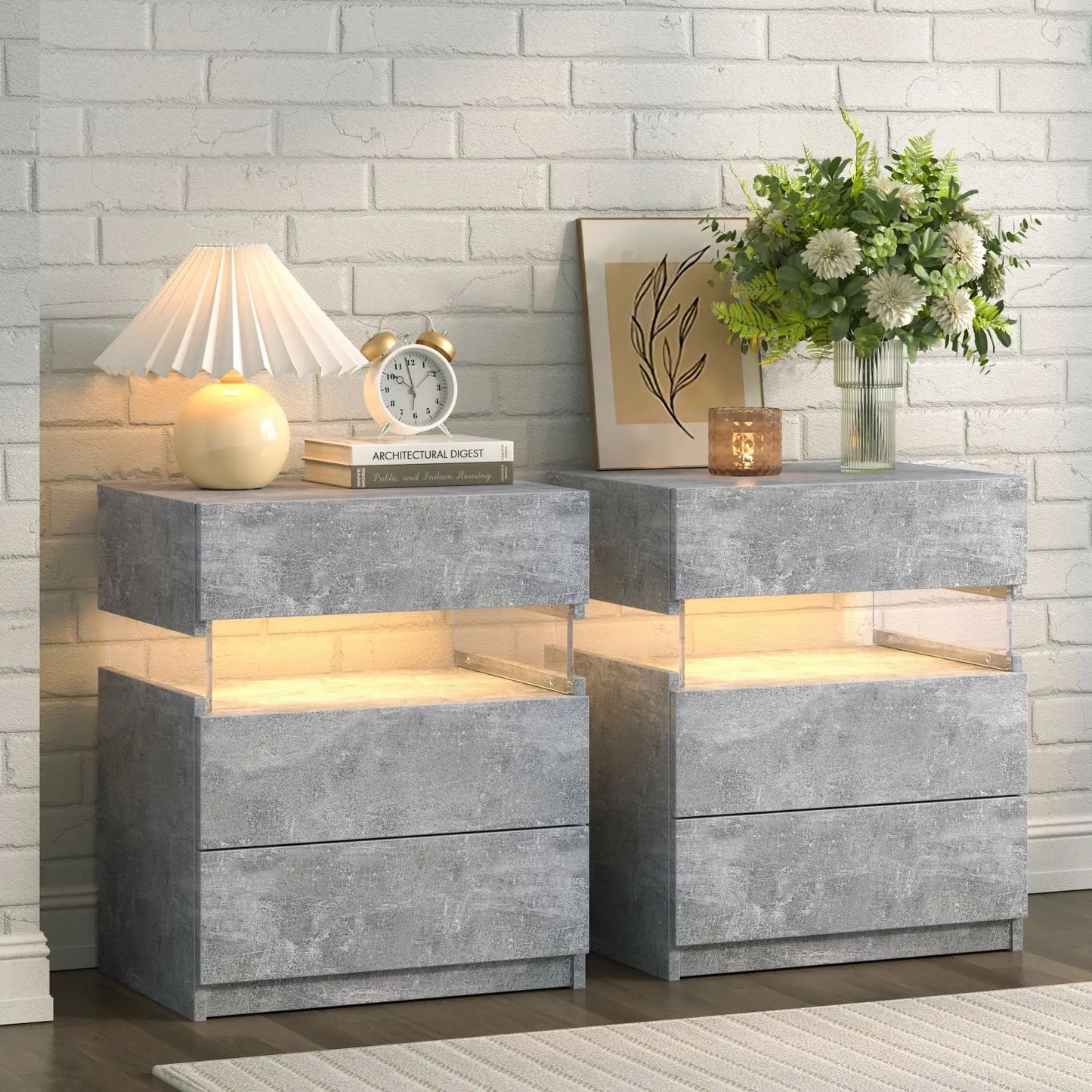 Cubehom Bedside Tables 2 Pack With LED Lighting 3 Drawers
