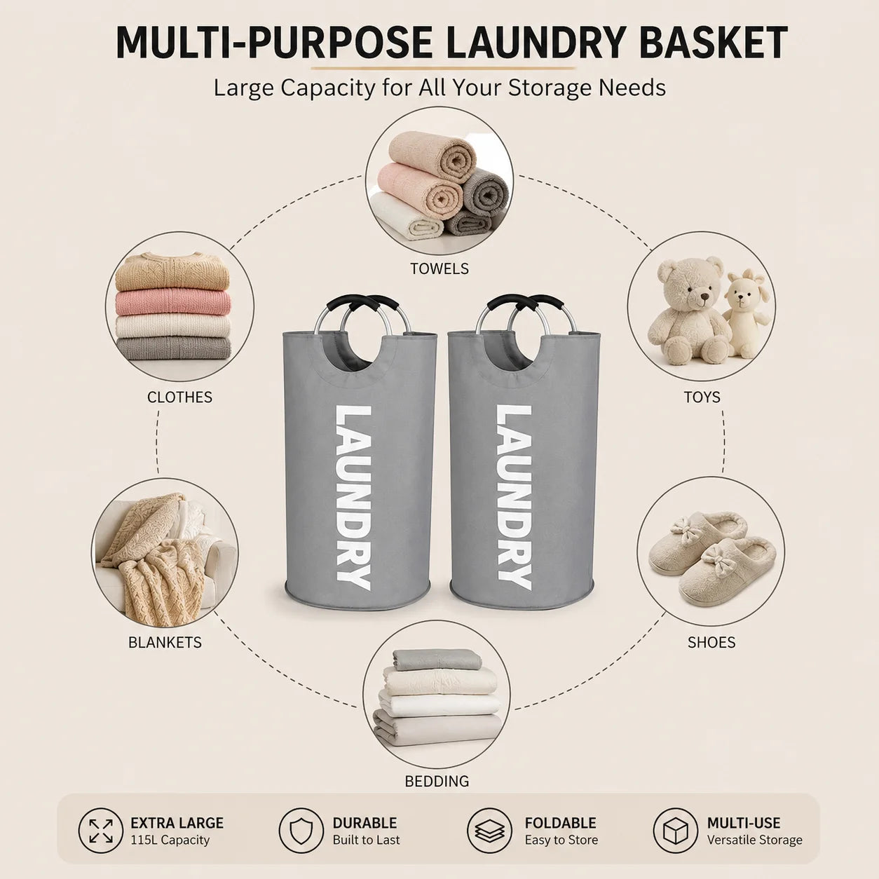 Foldable Polyester Laundry Hamper With Padded Handles For Rooms