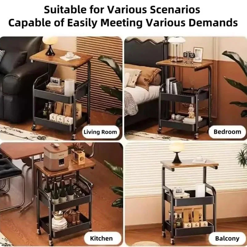 Three Tier Metal Rolling Storage Cart With Walnut Tabletop - Home and Haven Store