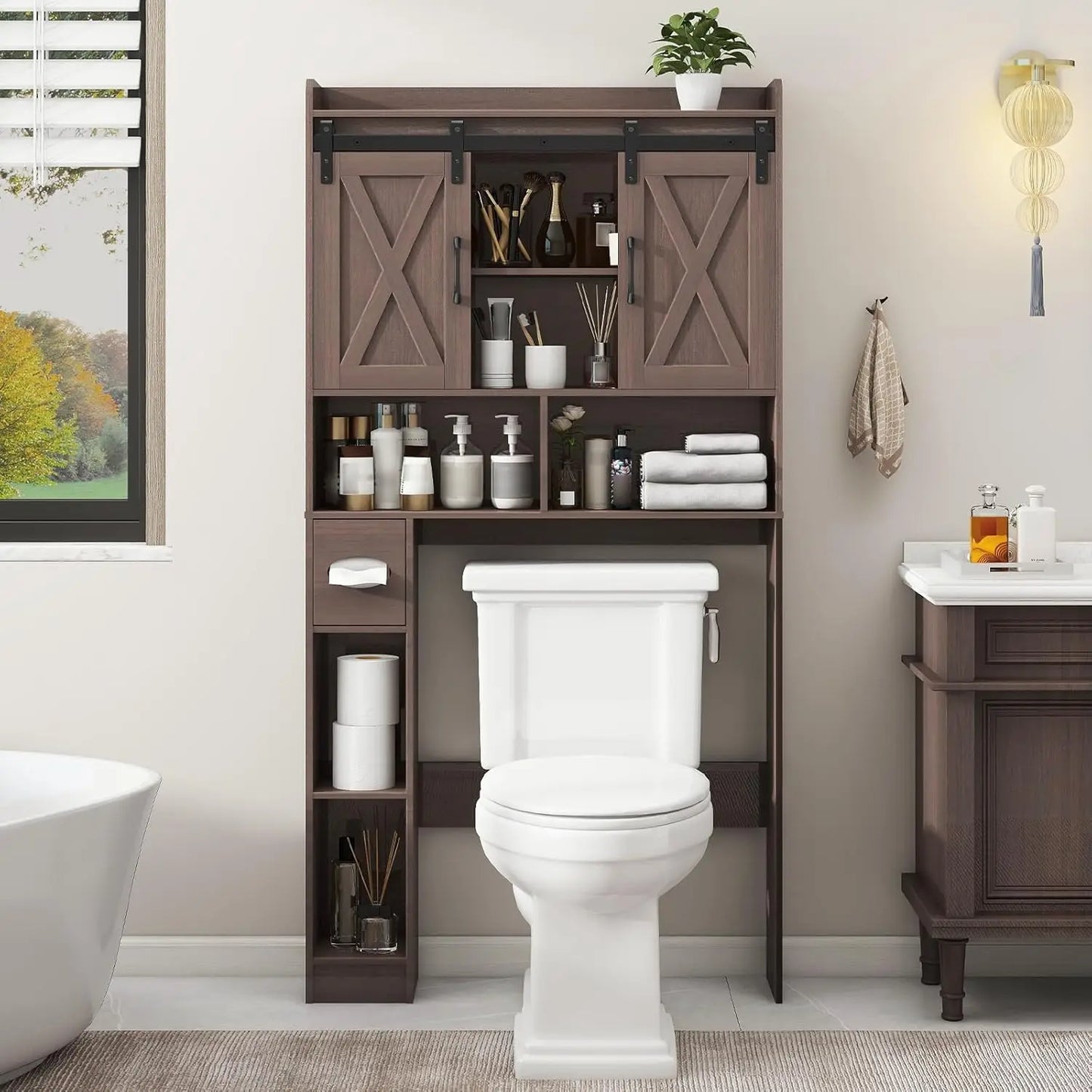 Over The Toilet Farmhouse Storage Cabinet With Sliding Doors - Home and Haven Store