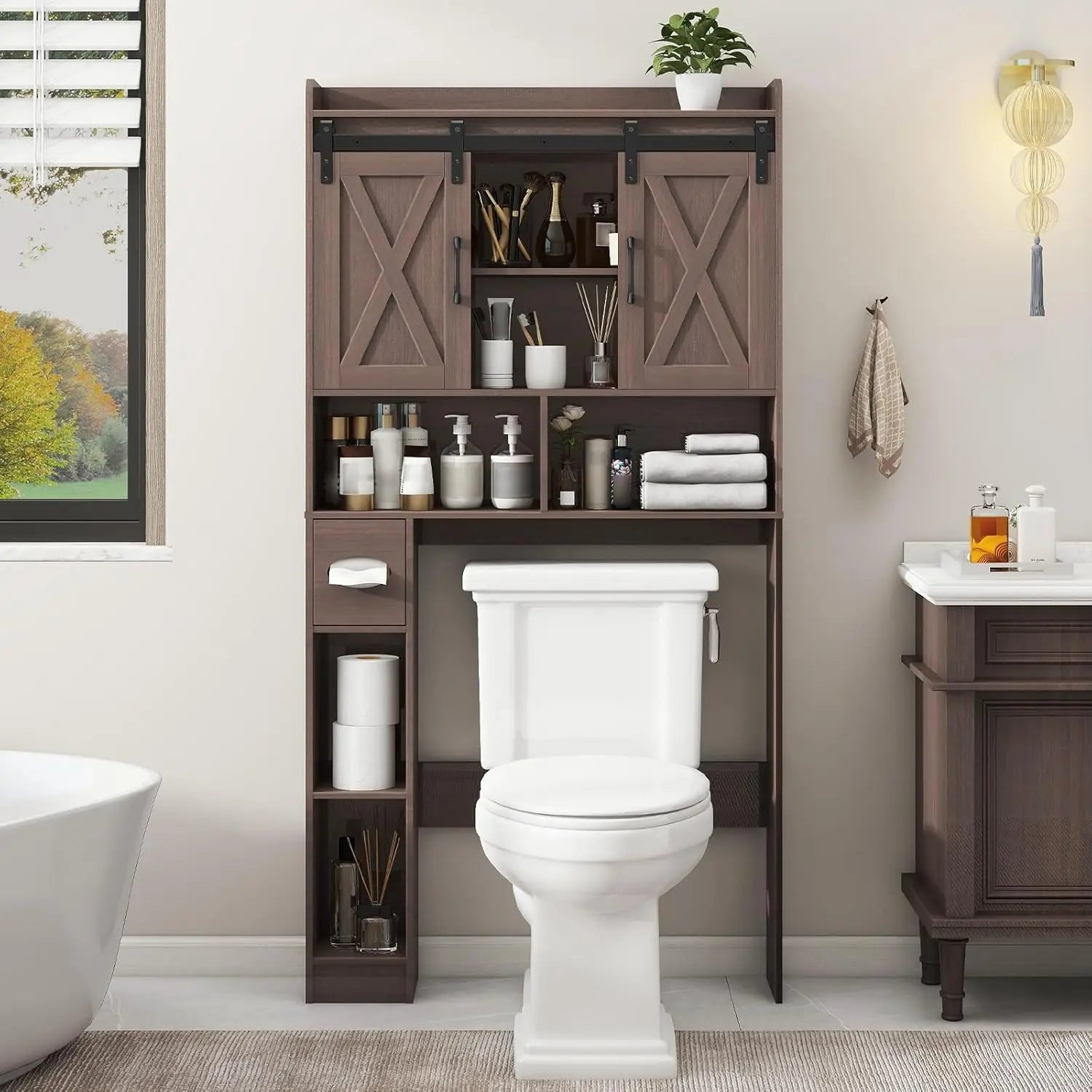 Over The Toilet Farmhouse Storage Cabinet With Sliding Doors - Home and Haven Store