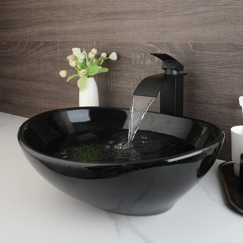 Mekkhala Oval Ceramic Vessel Sink With Waterfall Faucet