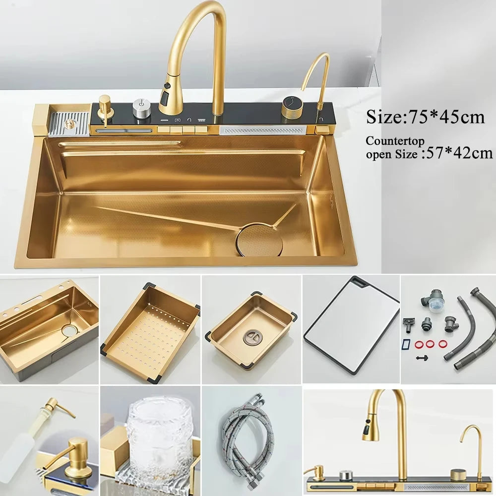 MYQualife 304 Stainless Steel Waterfall Kitchen Sink With Digital Faucet Set
