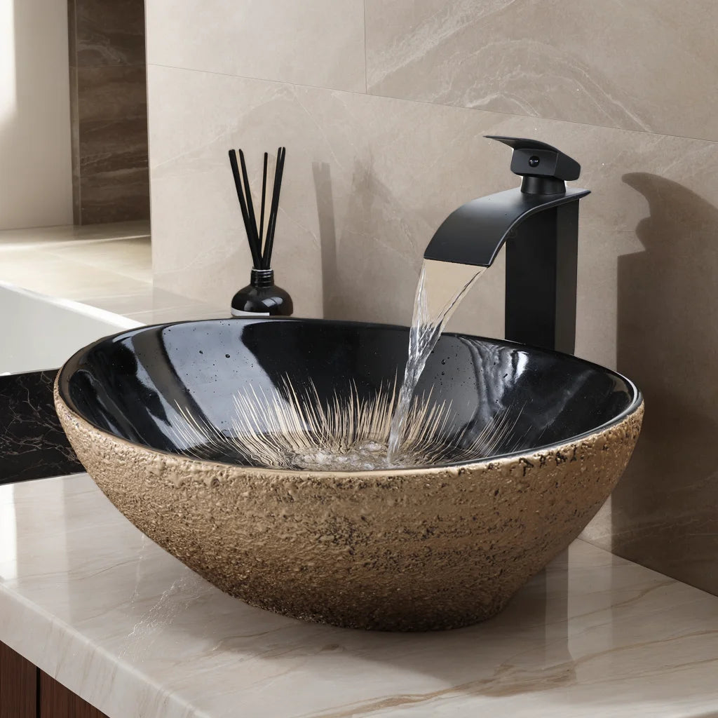 Mekkhala Oval Ceramic Vessel Sink With Waterfall Faucet