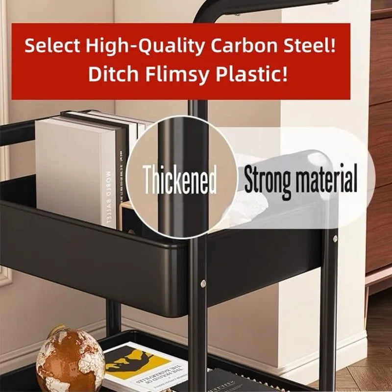 Three Tier Metal Rolling Storage Cart With Walnut Tabletop - Home and Haven Store