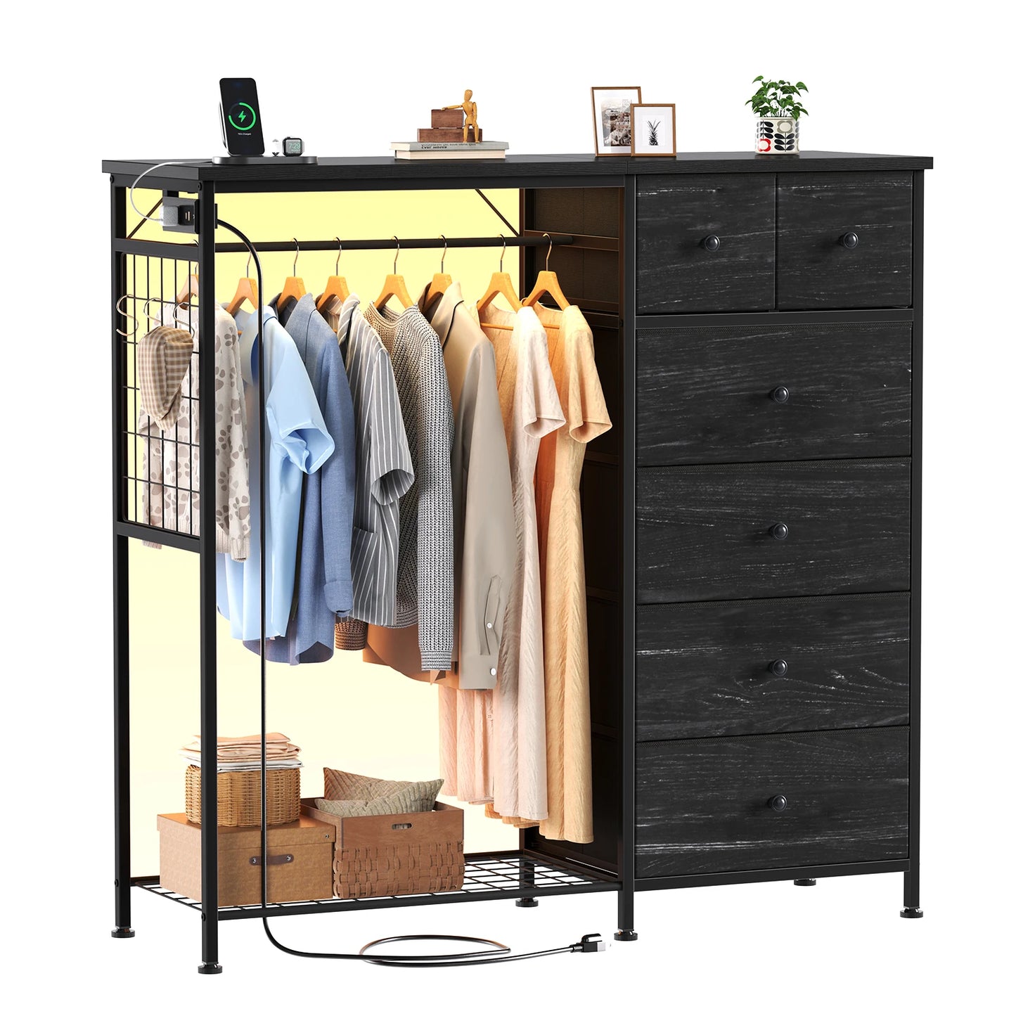JHK 6 Drawer Dresser With Hanging Rack And Charging Station