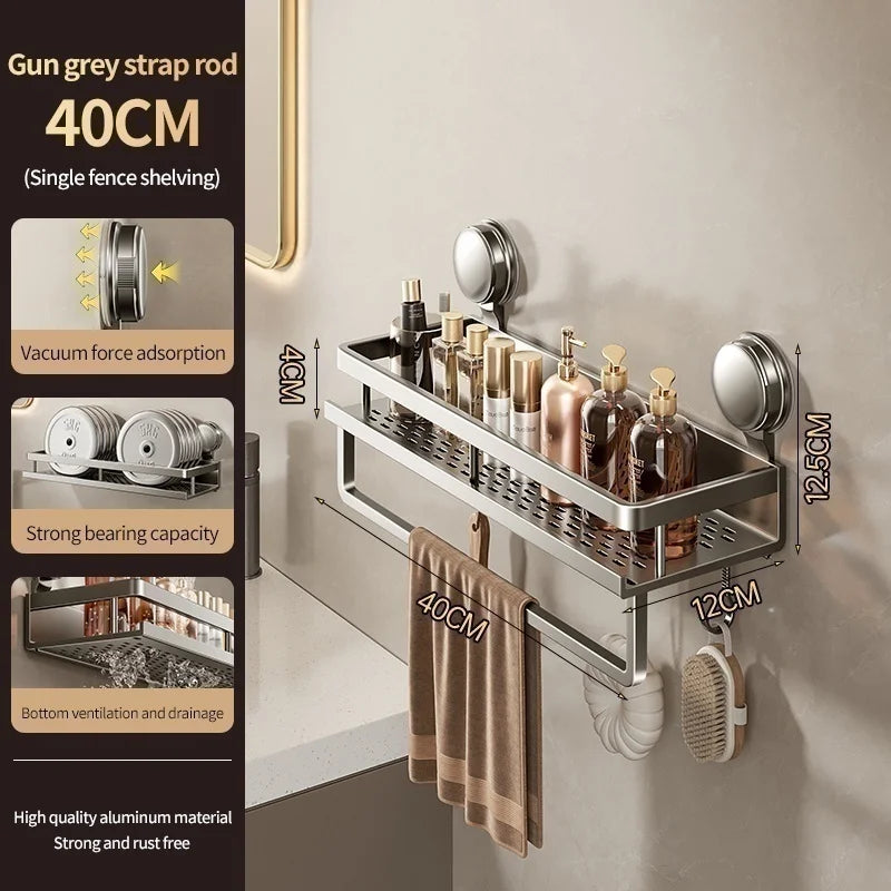 Wall Mounted Aluminum Bathroom Rack With Suction Cup Organizer