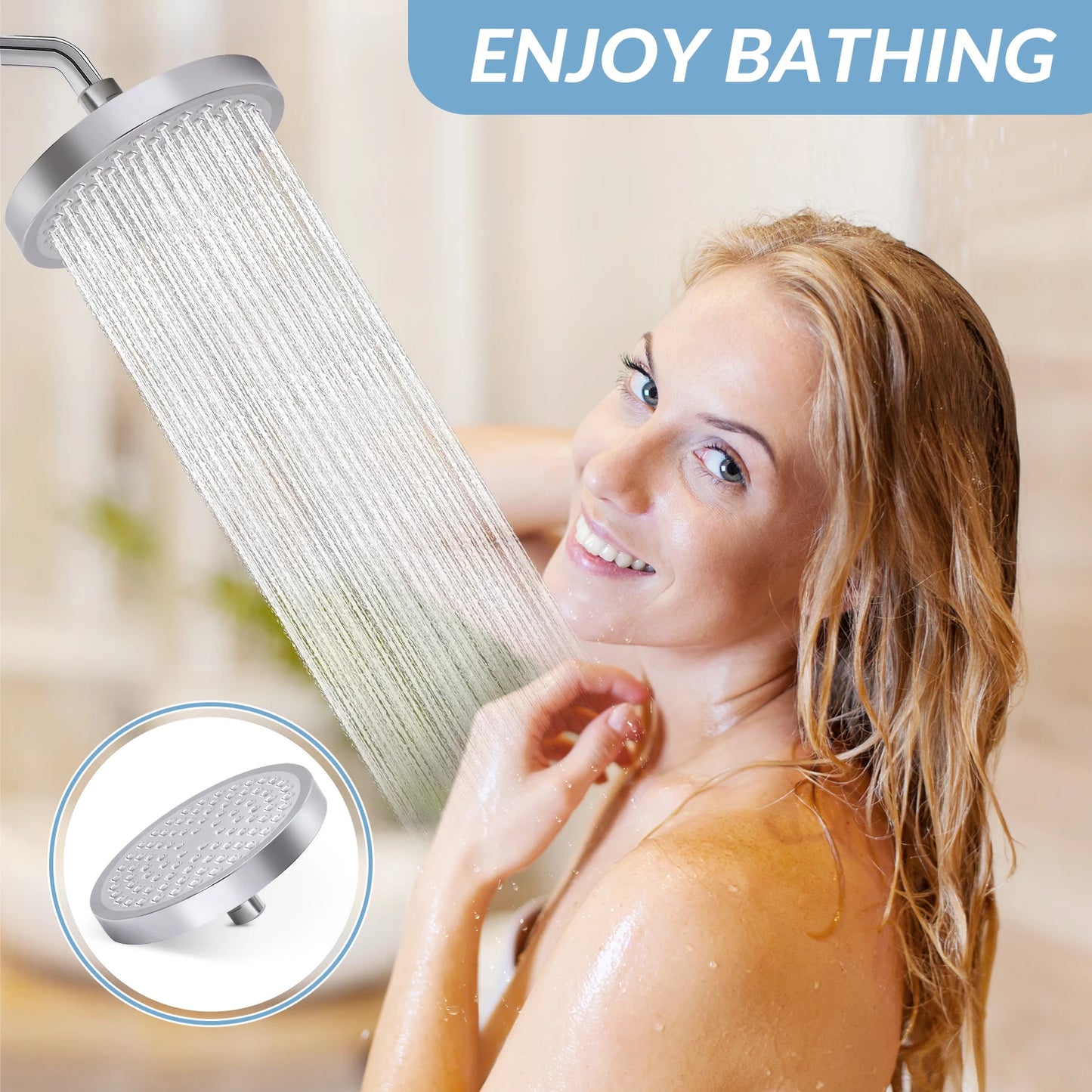 Stainless Steel Rain Shower Head Adjustable Wall Mount Fixture