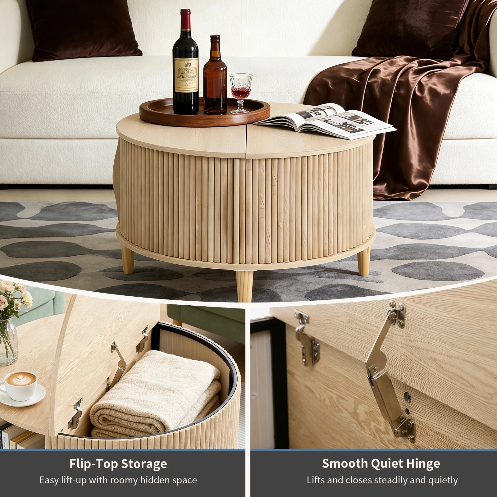 JHK Round Coffee Table With Flip Top Storage Sliding Cabinet - Home and Haven Store