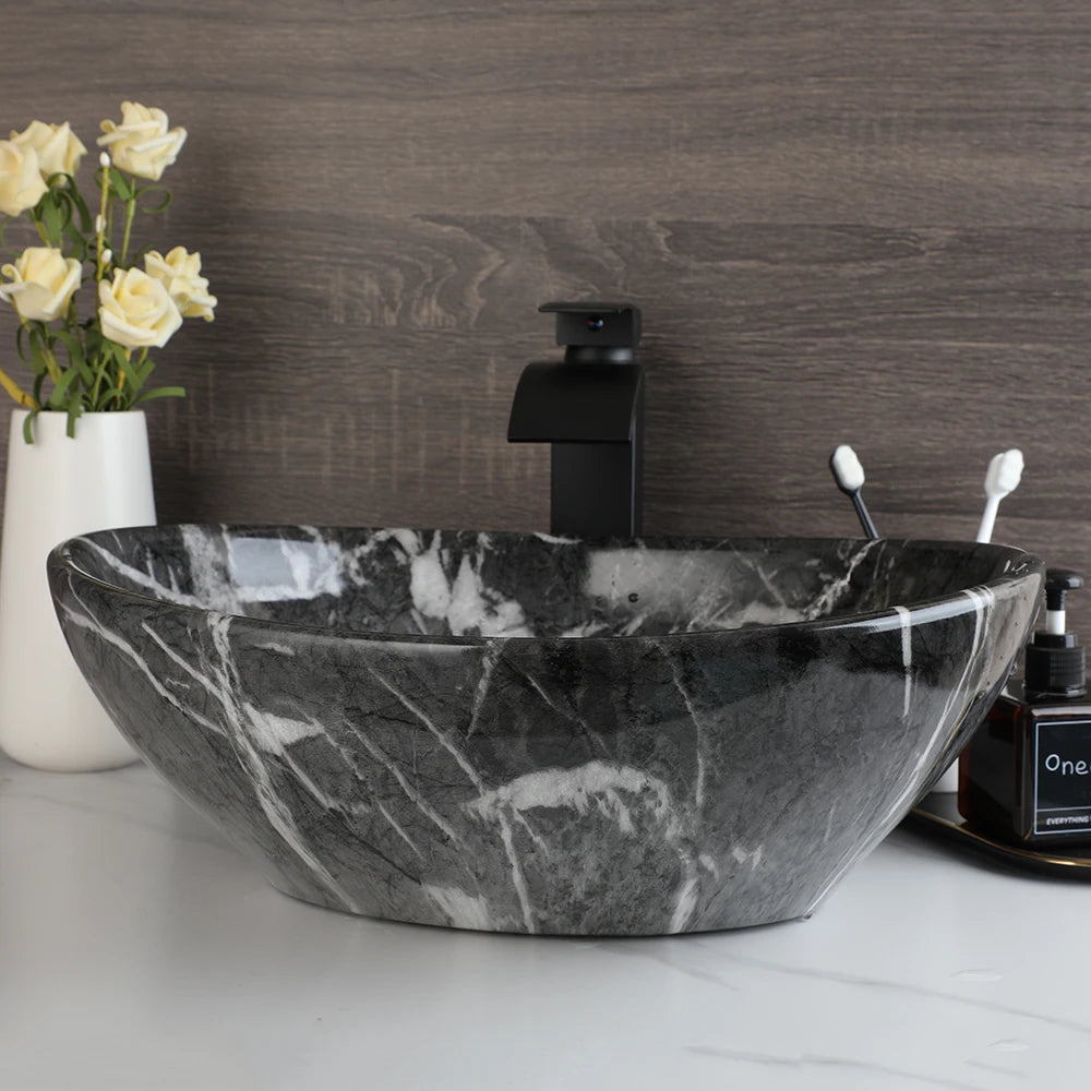 Mekkhala Ceramic Vessel Bathroom Sink With Waterfall Faucet