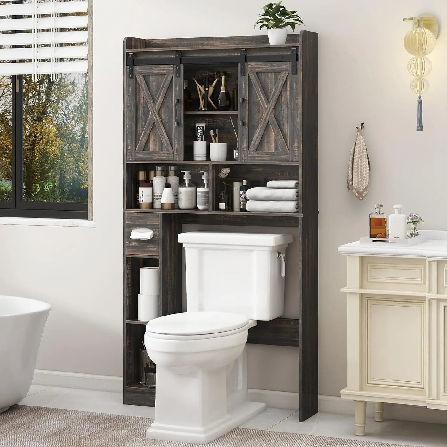 Over The Toilet Farmhouse Storage Cabinet With Sliding Doors - Home and Haven Store