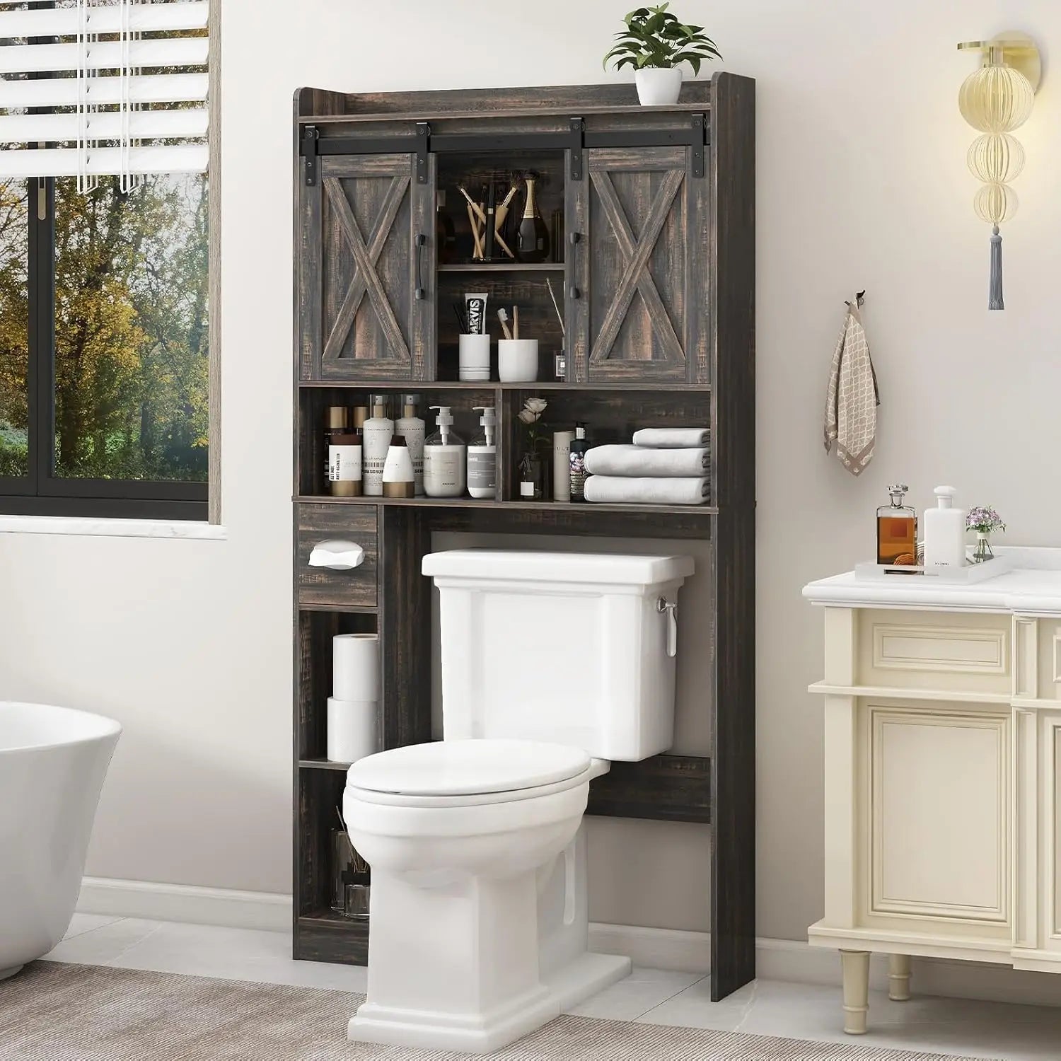Over The Toilet Farmhouse Storage Cabinet With Sliding Doors - Home and Haven Store