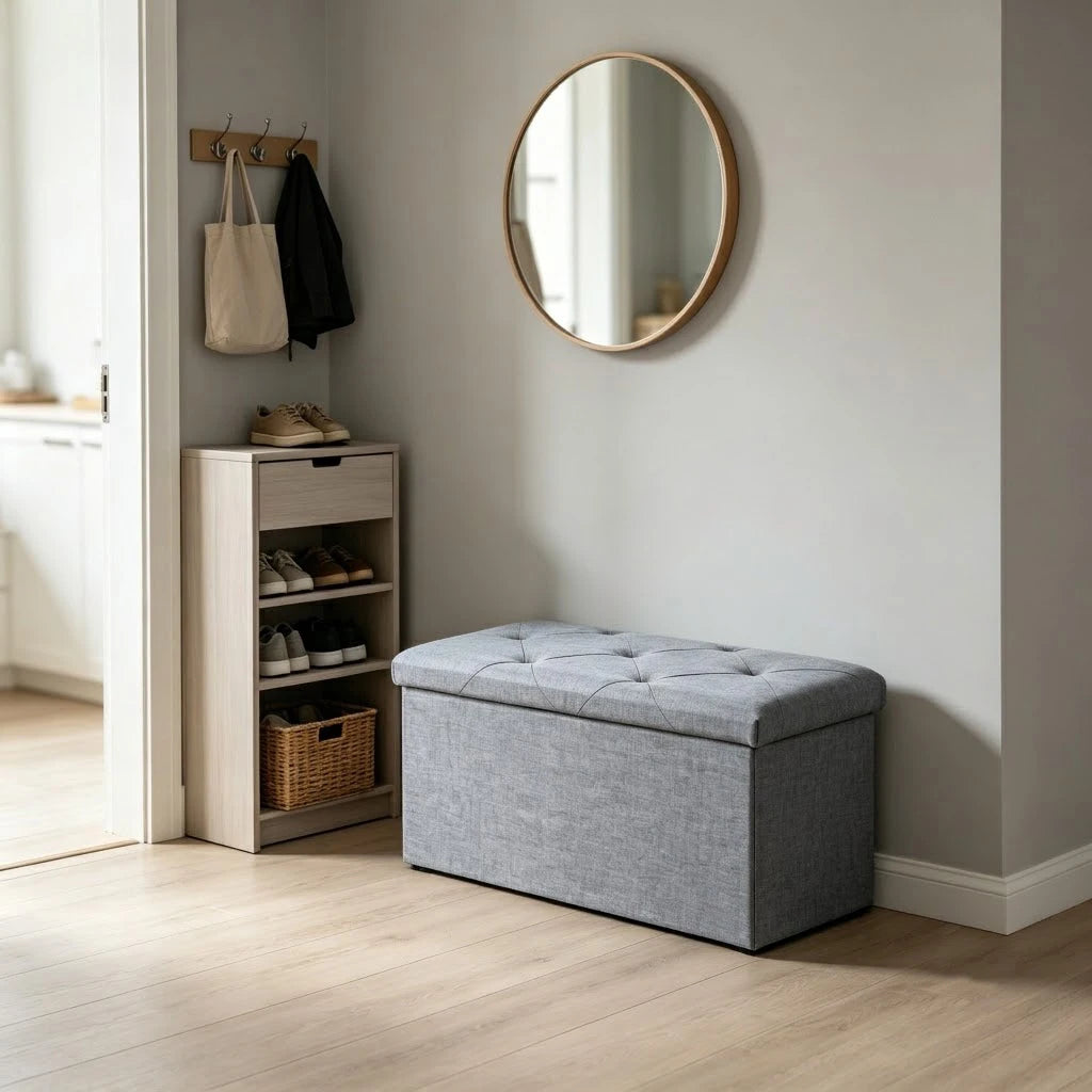 Tufted Fabric Storage Ottoman Bench With Wooden Frame Base