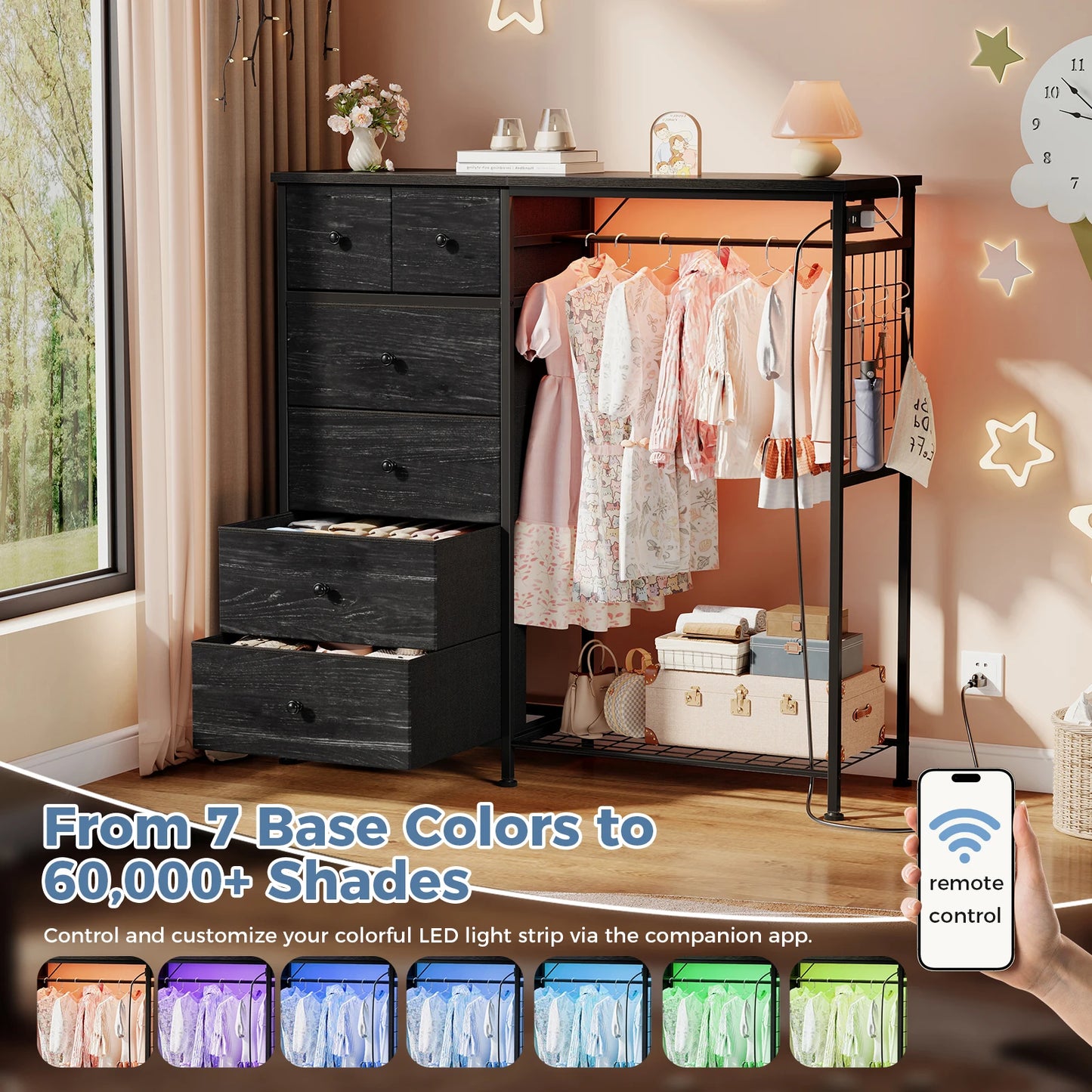 JHK 6 Drawer Dresser With Hanging Rack And Charging Station