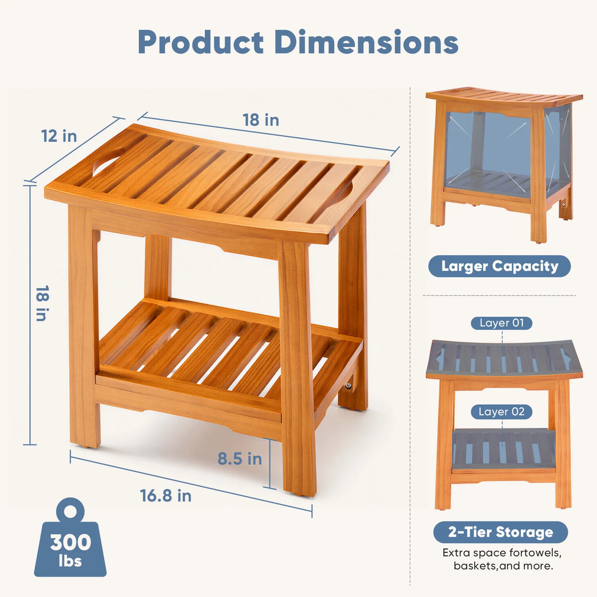 JHK Solid Wood Bathroom Shower Bench With Storage Shelf Handles