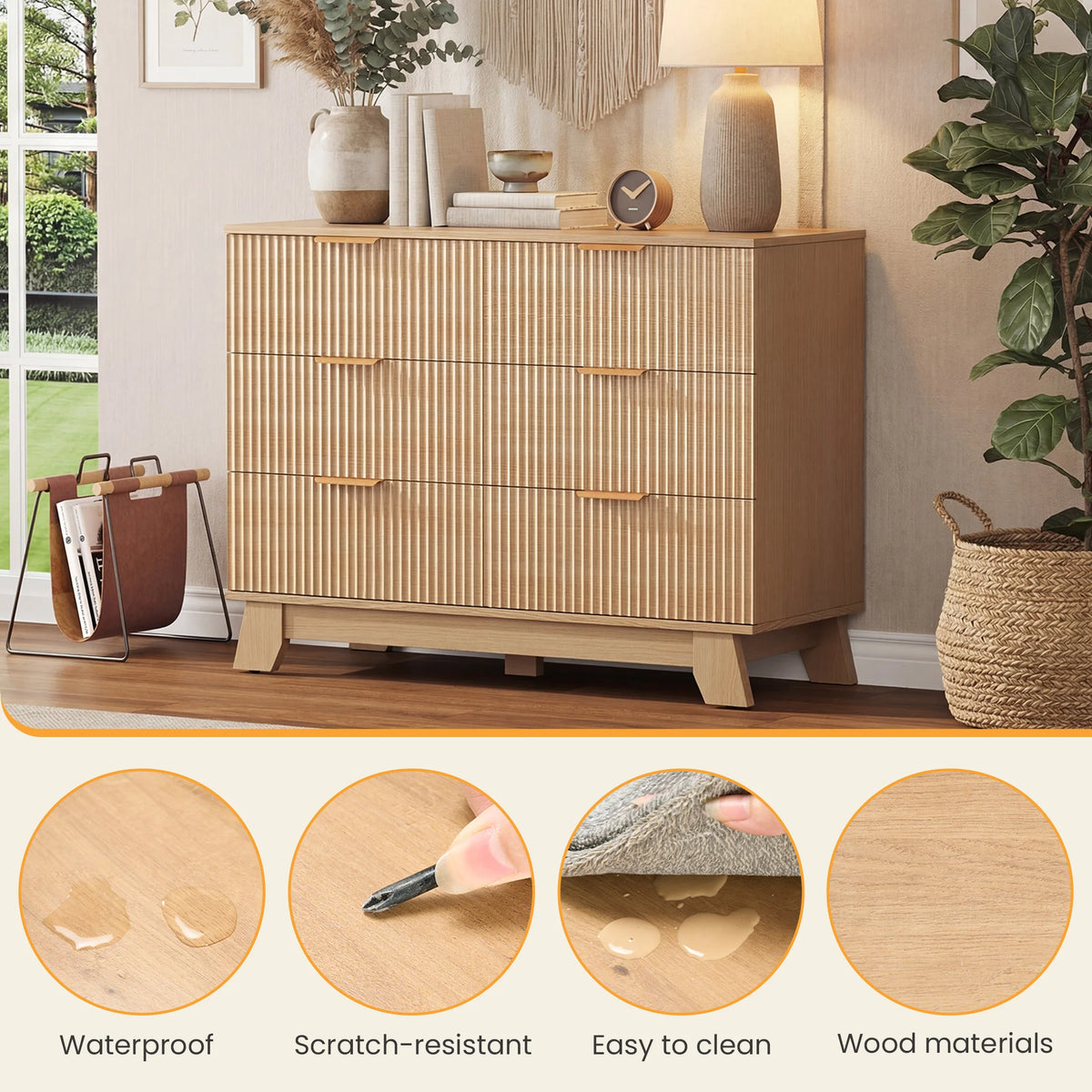 JHK Modern Fluted Wooden Six Drawer Dresser With Gold Handles