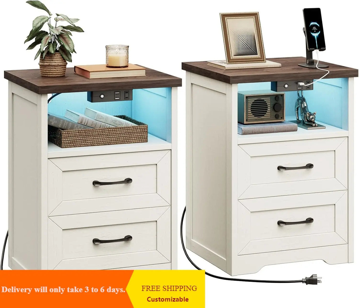 Farmhouse Nightstands Set Of 2 With LED Lighting And Charging - Home and Haven Store