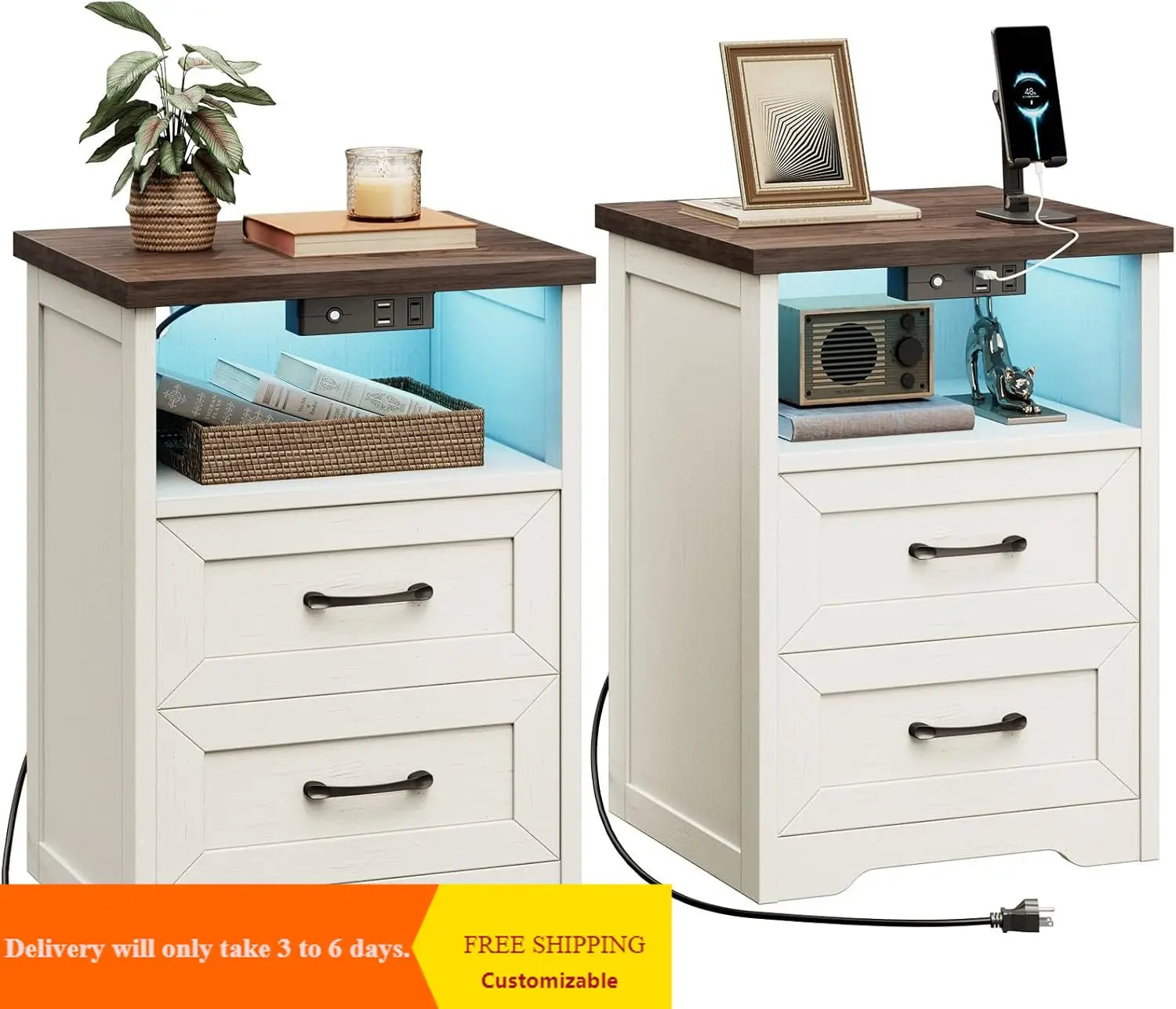 Farmhouse Nightstands Set Of 2 With LED Lighting And Charging - Home and Haven Store
