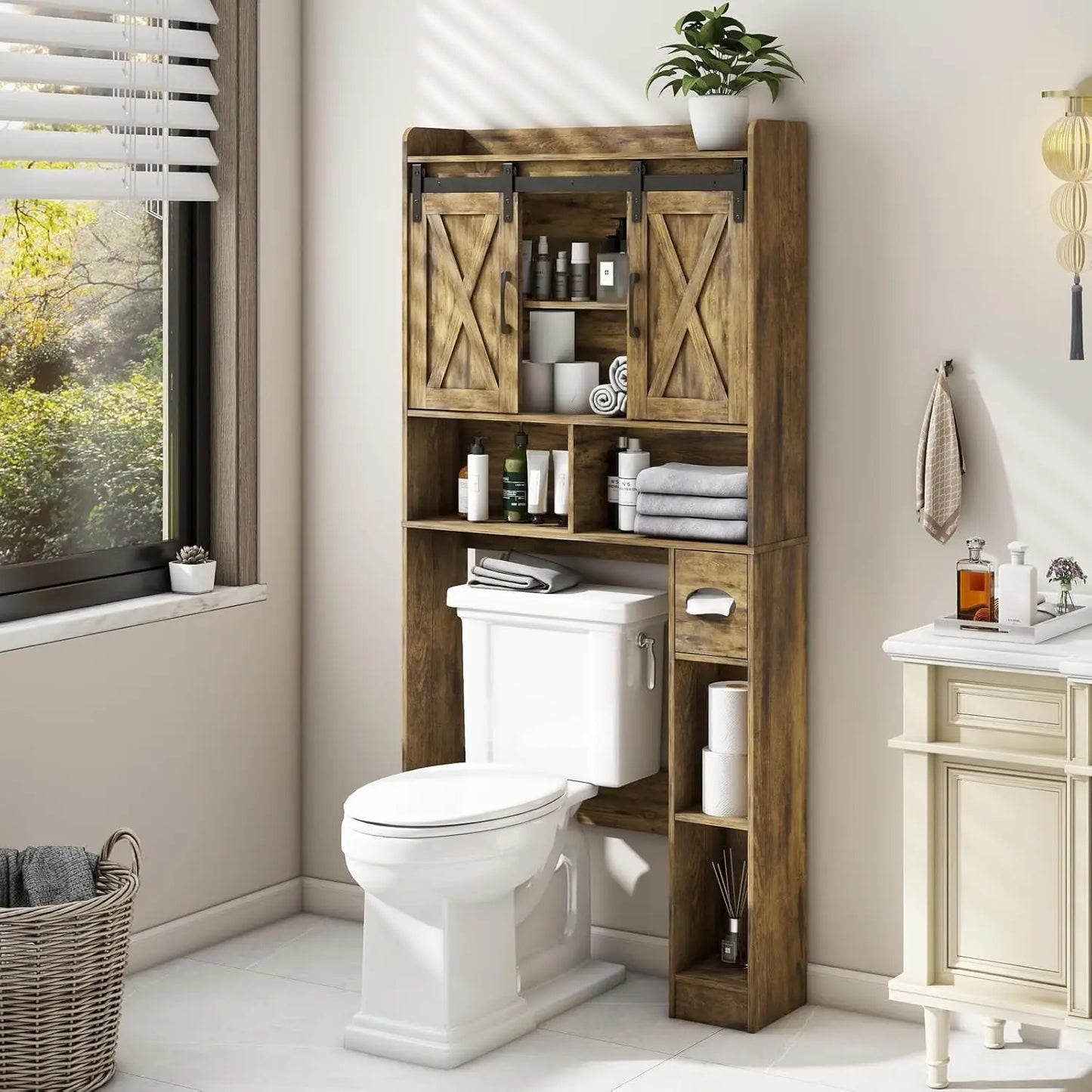 Over The Toilet Farmhouse Storage Cabinet With Sliding Doors - Home and Haven Store