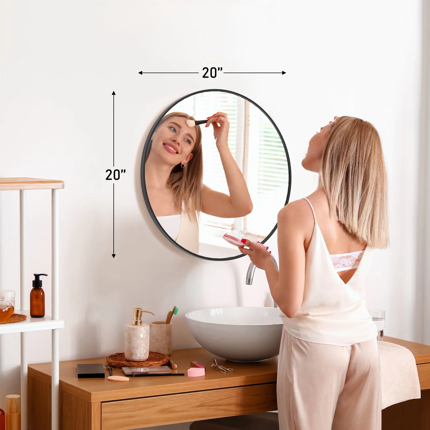 JHK Round Vanity Mirror With Matte Metal Frame Tempered Glass