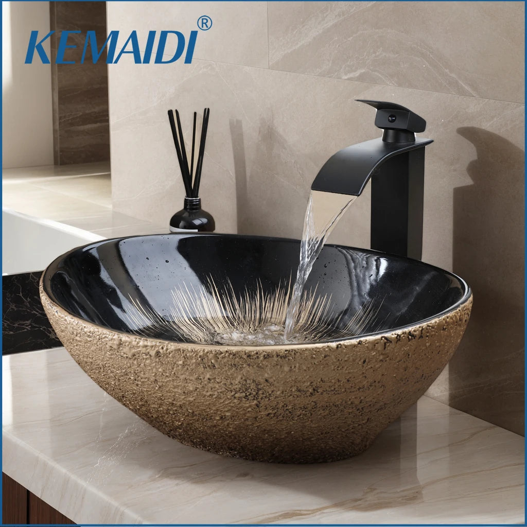 Mekkhala Oval Ceramic Vessel Sink With Waterfall Faucet