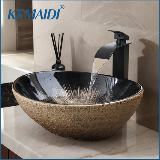 Mekkhala Oval Ceramic Vessel Sink With Waterfall Faucet