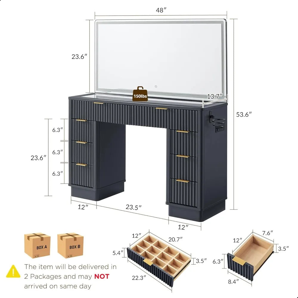 Guangbai Fluted Vanity Desk With LED Mirror And Eight Drawers