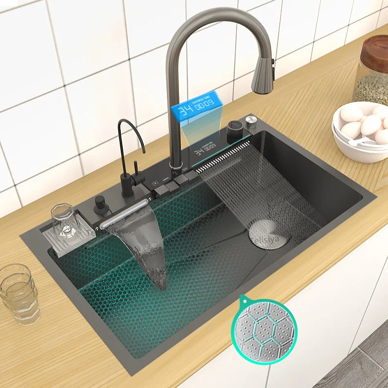 TELISIYA Waterfall Digital Display Stainless Steel Single Bowl Kitchen Sink