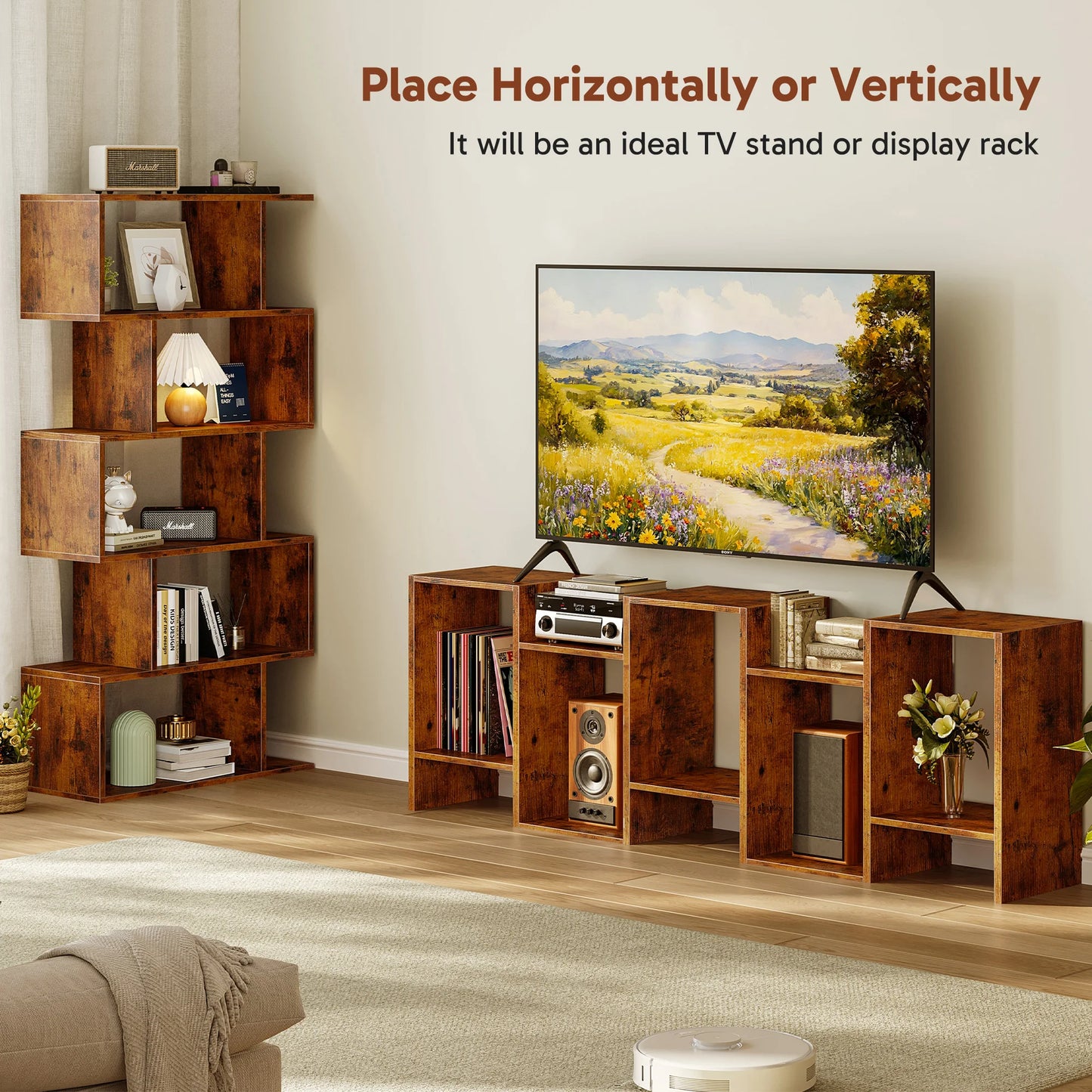 JHK S Shaped Geometric 5 Tier Bookcase Wood Display Shelf