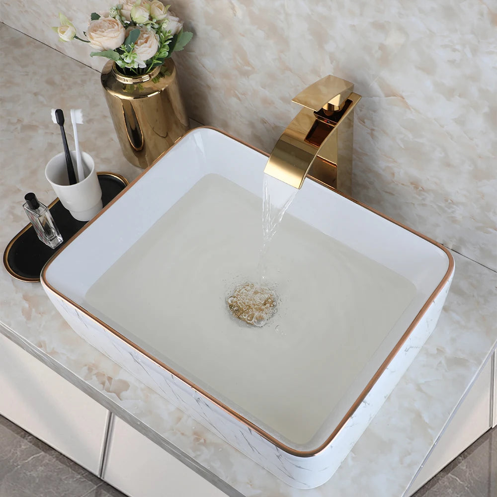 KEMAIDI Modern Edge Square Ceramic Vessel Sink Faucet Set - Home and Haven Store