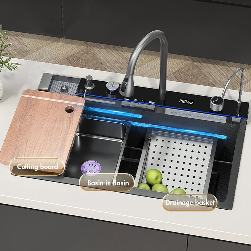 MYQualife 304 Stainless Steel Waterfall Kitchen Sink With Digital Faucet Set