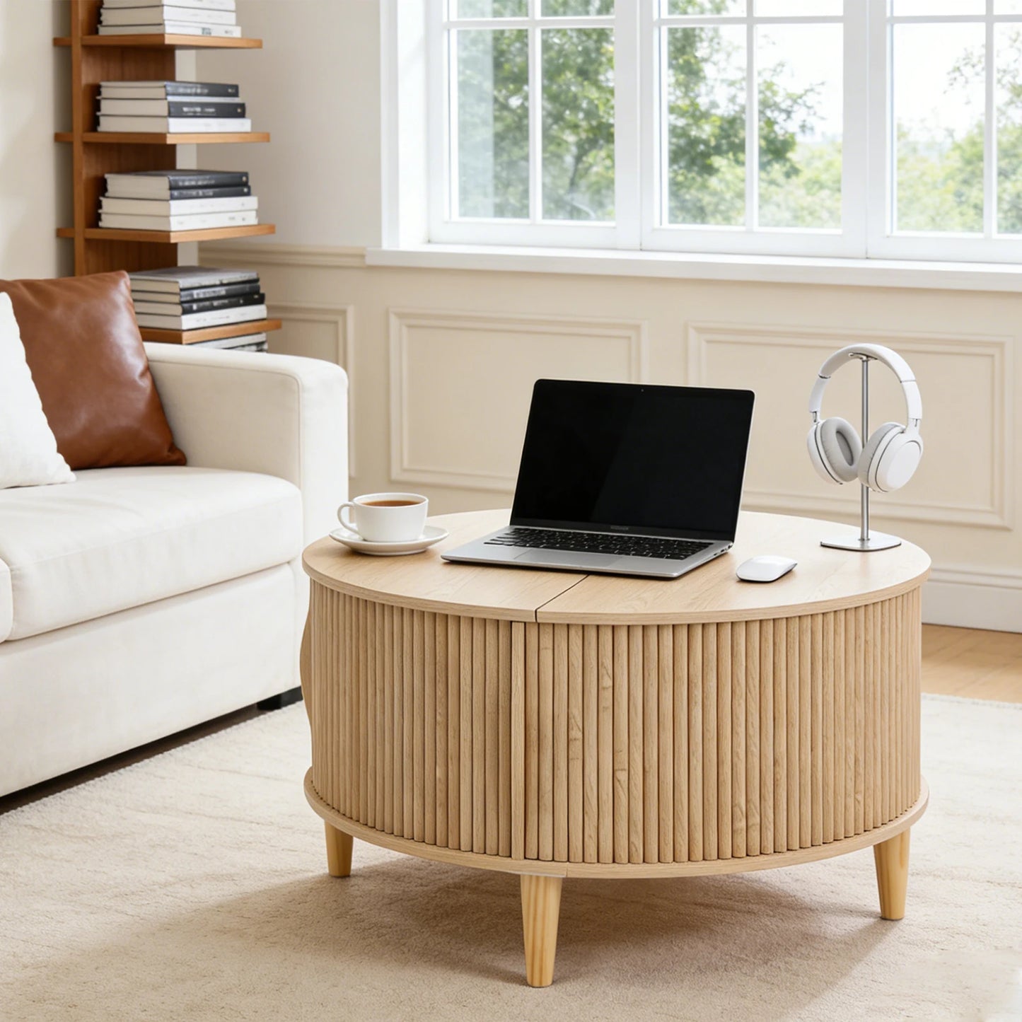 JHK Round Coffee Table With Flip Top Storage Sliding Cabinet - Home and Haven Store